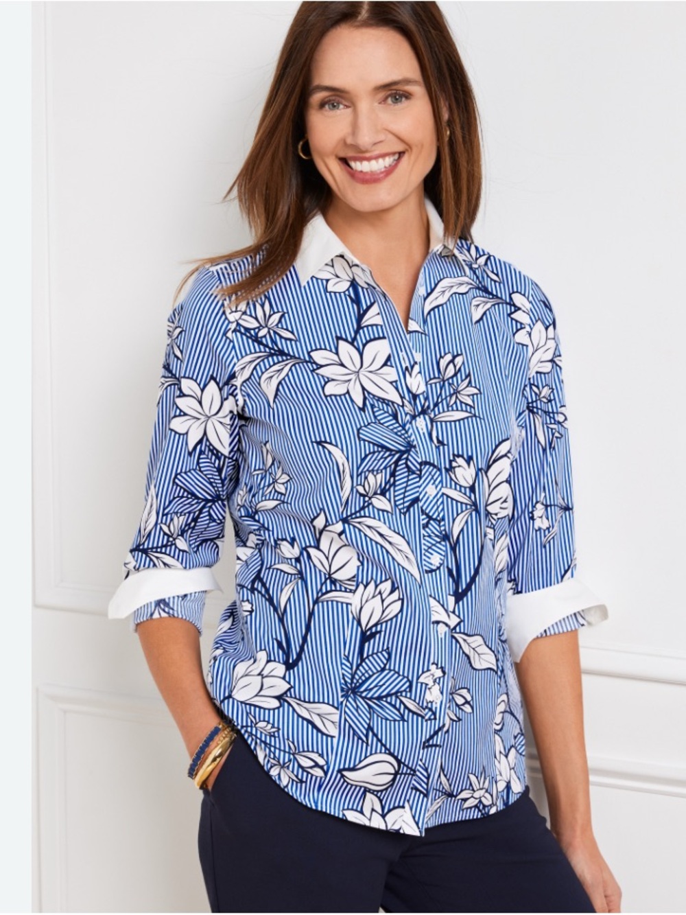 Talbots Blue and White Floral-Stripe Button Down Shirt